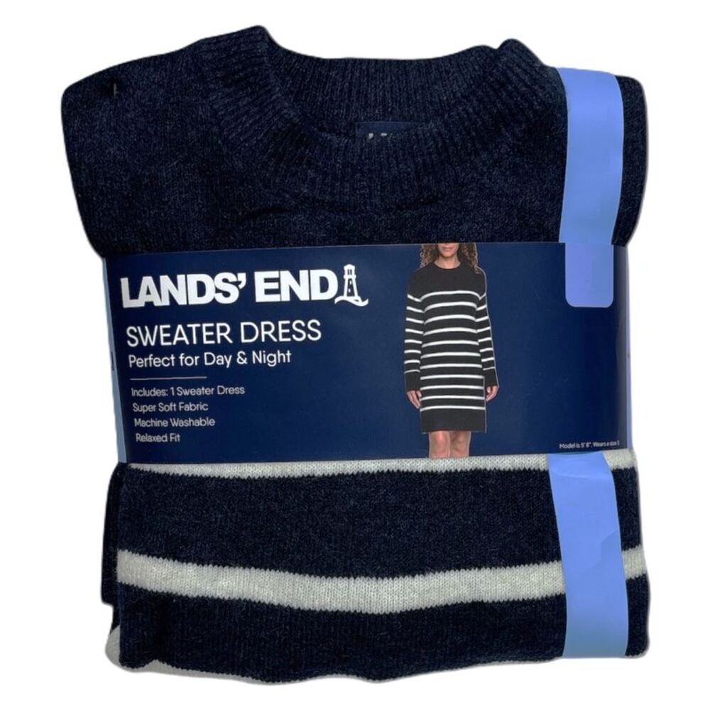 Blue Stripe - Lands' End Women's Long Sleeve Relaxed Fit Crewneck Sweater Dress,